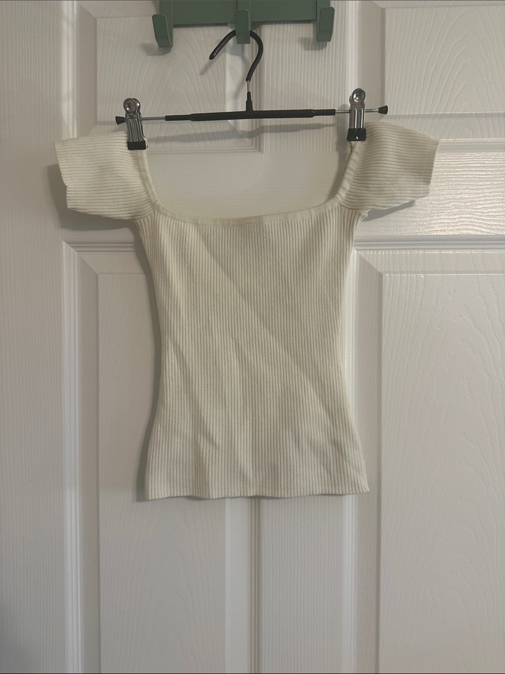 Reformation Off-Shoulder Ribbed Knit Top in Cream